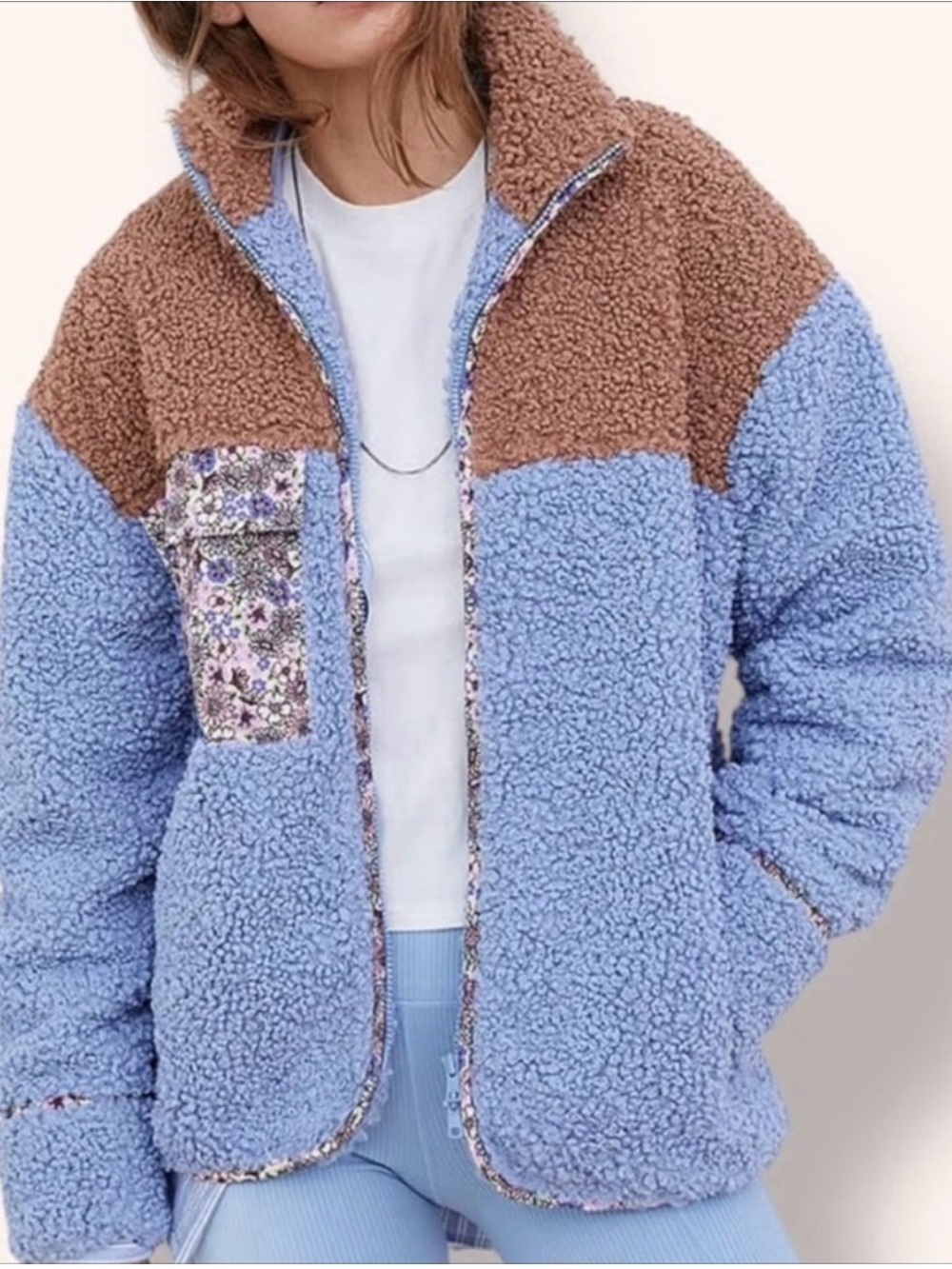 For Love & Lemons Two-Tone Teddy Jacket in Light Blue and Warm Brown
